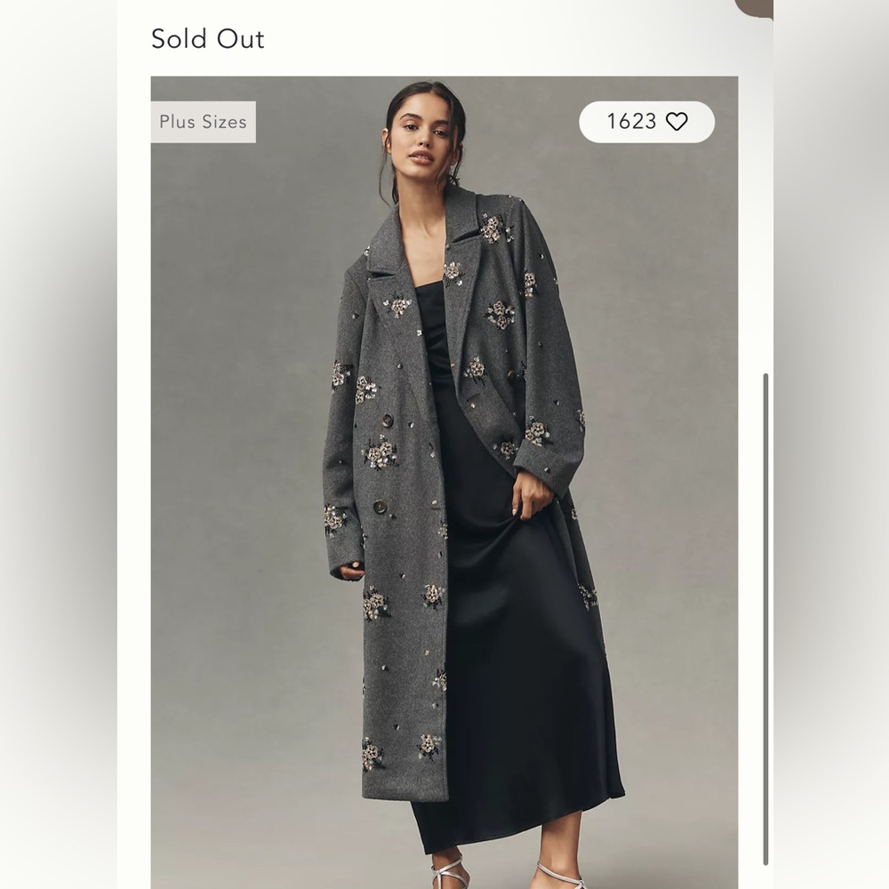 Anthropologie Gray Floral Embroidered Elegant Long Coat🖤🩶 - Picture 4 of 15